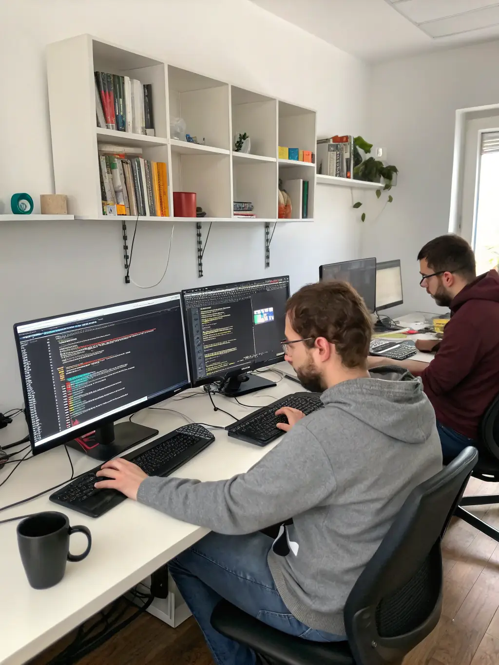 An image of developers collaborating over code on multiple screens in a modern office environment, representing NextOrbit's custom software development services.