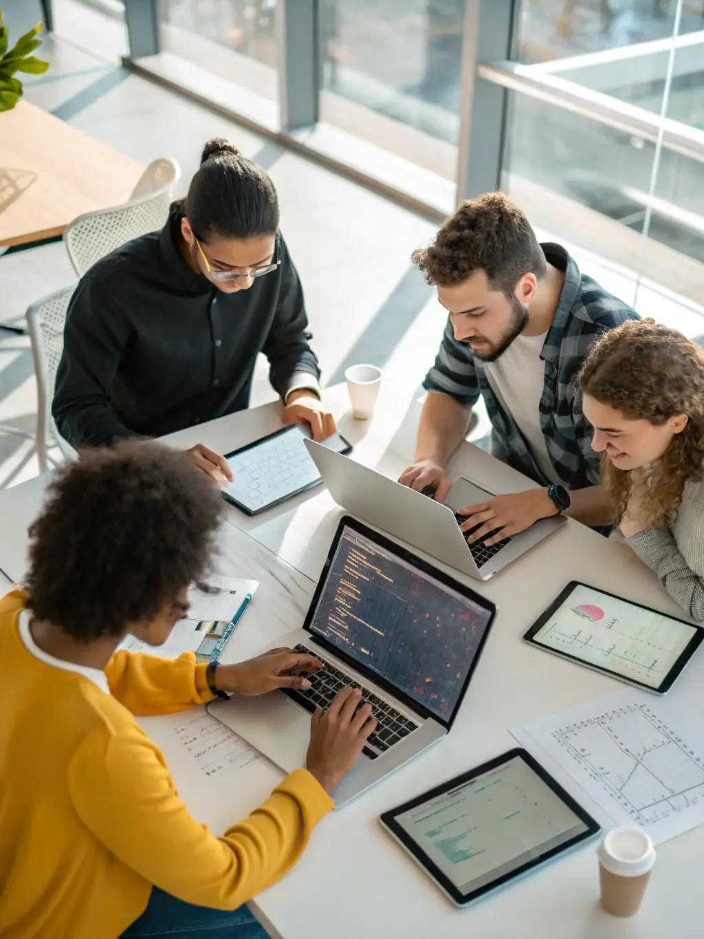 A team of software developers collaborating on a complex coding project, showcasing NextOrbit's expertise in custom software solutions.